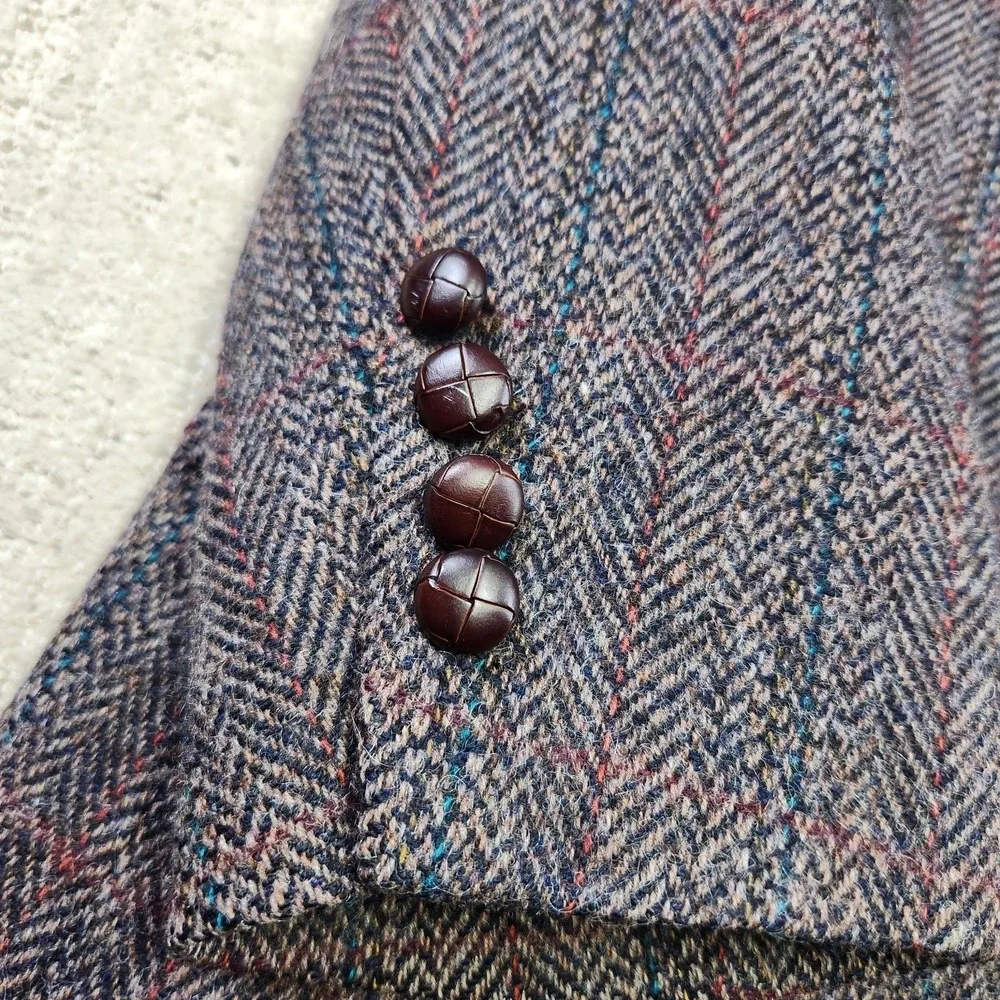 Vintage Manx Tweed Blazer Men 46 Herringbone Handwoven Wool Leather Button‎